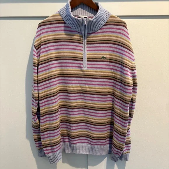 Lacoste 100% Cotton Striped 1/4 Quarter Zip Sweater Men XXL (7) Pastel Y2K Prep - Picture 1 of 12